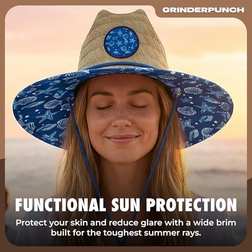 grinderPUNCH Straw Sun Hat for Men Women Wide Brim Beach Fishing UPF 50 - color: Blue Nautical