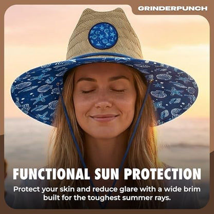 grinderPUNCH Straw Sun Hat for Men Women Wide Brim Beach Fishing UPF 50 - color: Blue Nautical