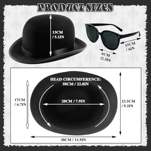 Bowler Hat Set,Black Derby Hat and Sunglasses for Men and Women