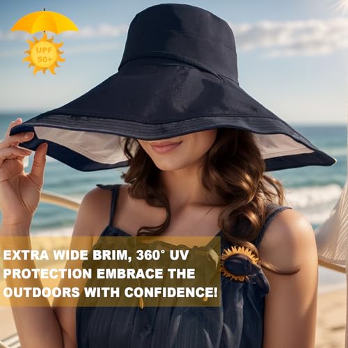 Wide Brim Sun Hats for Women UV Protection Reversible Bucket Hat Foldable Beach Hats Summer Hat for Garden Travel - color: Black Khaki