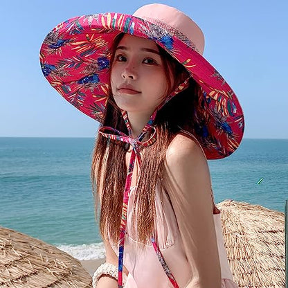 6" Extra Wide Brim Sun Hats UPF 50+ UV Protection Packable Beach Hat Strap Women - color: Pink
