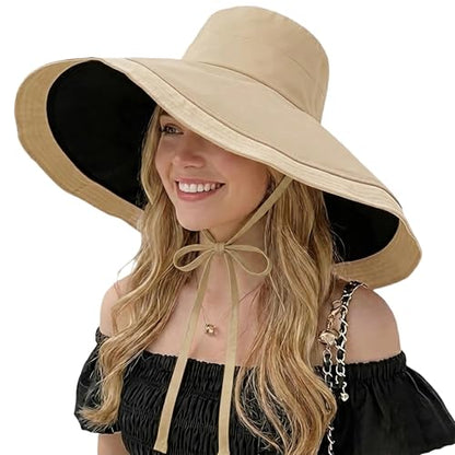 HUAMULAN Women Summer Vacation Wide Brim Sun Hat Reversible Fishing Hats - color: Ag3652-kakhiblack