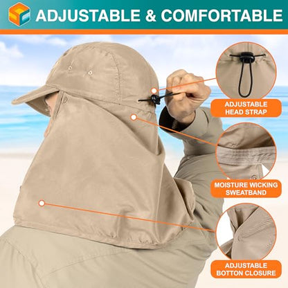 SUN CUBE Fishing Sun Hat with Neck Flap & Face Cover, Wide Brim UPF50+ Cap - color: Tan