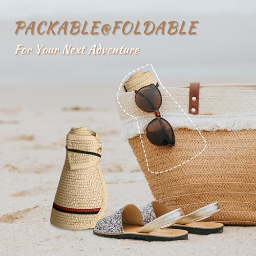 Women's Sun Visor Hats Wide Brim Straw Beach Hat Ponytail Hats for Women Foldable Floppy - color: 1pack-beige/Redstripe