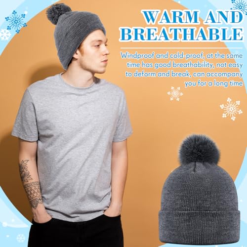 Geyoga 2 Pcs Pom Beanie Hat Men Women Winter Hat Pom Knit Cap Beanies with Ball at Top Acrylic Winter Cap with Cuff - color: Black, Dark Grizzled Grey, style: Classical