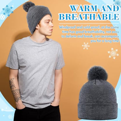Geyoga 2 Pcs Pom Beanie Hat Men Women Winter Hat Pom Knit Cap Beanies with Ball at Top Acrylic Winter Cap with Cuff - color: Black, Dark Grizzled Grey, style: Classical