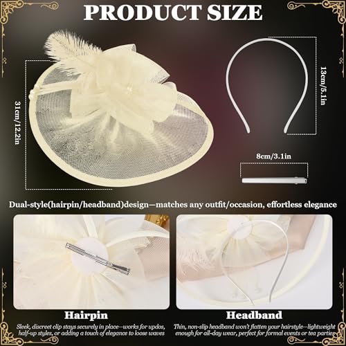 Fascinators Hats for Women Tea Party Hat Vintage Feather Mesh Headband Hair Clip Flower Headwear for Wedding Cocktail Church - color: Beige