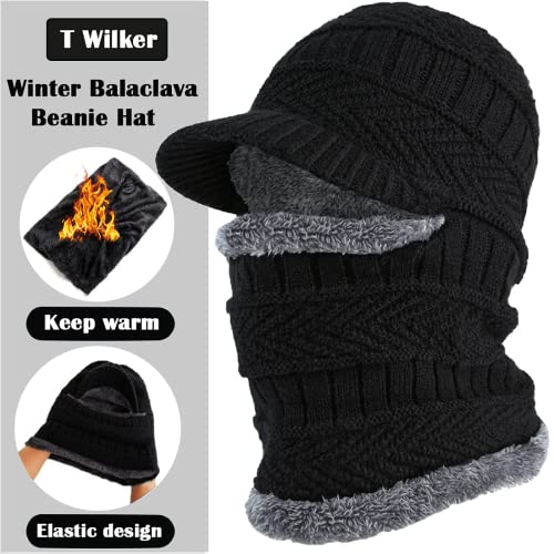 2Pcs Winter Knit Beanie Balaclava Hat Anti-Slip Touch Screen Mittens Set Thermal Ski Mask Cap Unisex for Womens Mens - color: Black（one Hat）