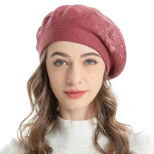ZLYC Women French Beret Hat Reversible Solid Color Mosaic Warm Artist Cap - color: Flower Dusky Red
