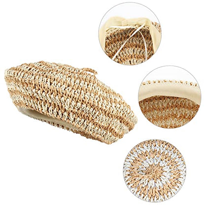 Women Summer Straw Woven Sunhat Classic Beret Artist Painter Sun Hat Cap - color: Stripes Khaki
