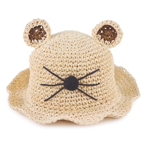 JANGANNSA Baby Girl Straw Hat Outdoor Baby Sun Protection Hats Summer Bowknot Beach Cap for Infant Toddler Girls - color: Beige Cat, size: 6-24 Months
