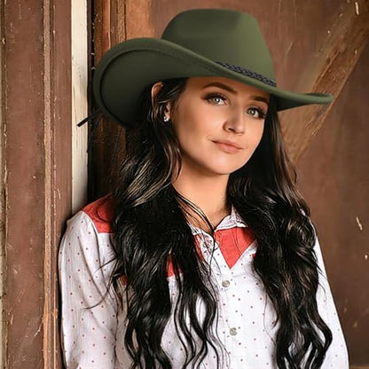 DRESHOW Western Cowboy Hat for Men Women Cowboy Cowgirl Hat Outdoor Wide Brim Retro Felt Fedora Hats Unisex Rolled up Caps - color: 1 Pack Style 9: Army Green With Braided Band