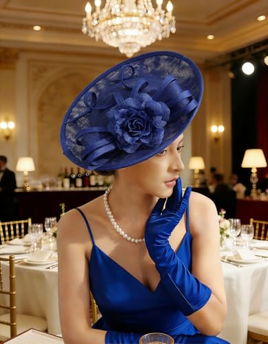 Unpifolov Fascinators Hats Elegant Women Flower Mesh Feathers Wedding Cocktail Bride Headband for Derby Hat Tea Party - color: Royal Blue