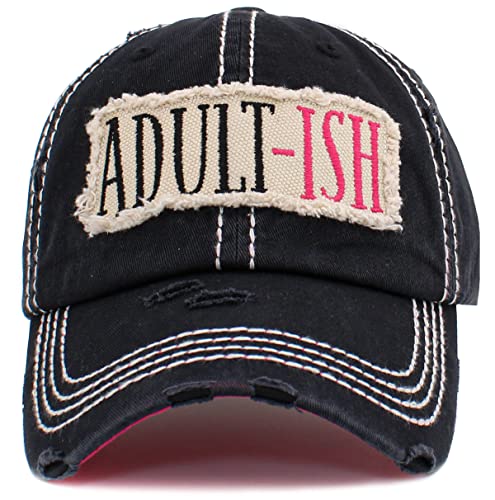Funky Junque Distressed Baseball Cap, Vintage Embroidered Dad Hat - color: Adult-ish - Black