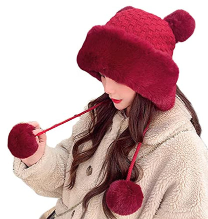 Winter Pompom Beanie Hats Women Knit Womens Beanie Faux Fur Crochet Skull Cap Warm Bucket Outdoor Ear Cover - color: Winered