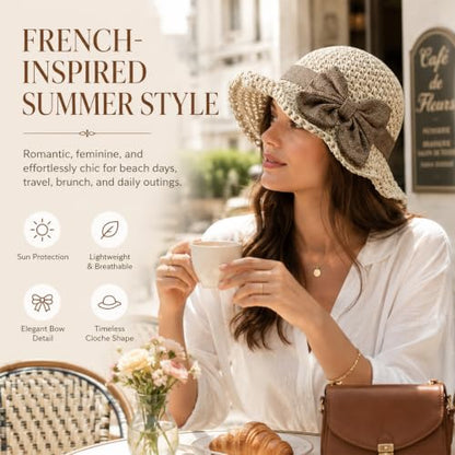 Elegant Woven Straw Sun Hat with Bow, Summer Beach Sun Straw Hats for Women, Foldable Wide Brim Floppy Beach - color: Khaki