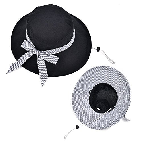 Sun Hats for Women Roll-up Wide Brim Summer Beach Hat Foldable Floppy Cotton Hat - color: Black Cotton
