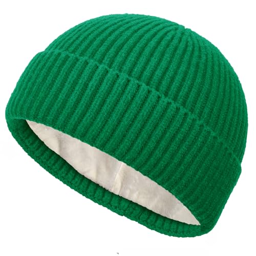 Short Wool Fisherman Beanie for Men Women Fleece Lined Winter Hat - color: 1pcs Kelly Green