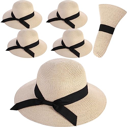 Roshtia 6 Pcs Women Sun Hat Straw Sun Visor for Women Summer Packable Ponytail Beach Hats for Women Travel UPF 50+ - color: Beige, style: Stylish Style