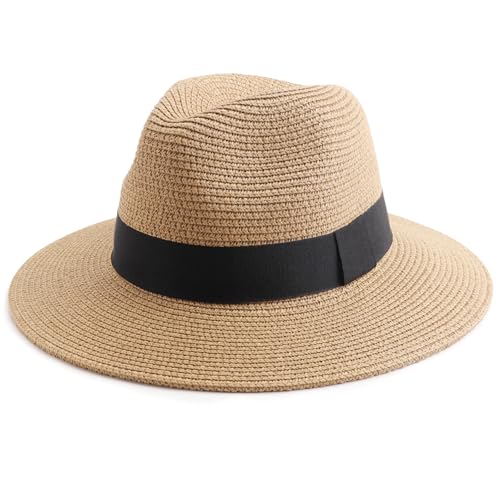 DRESHOW Women Straw Panama Hat Travel Fedora Beach Sun Hat Summer Wide Brim Straw Roll up Hats UPF 50+ - color: Fedora a Khaki