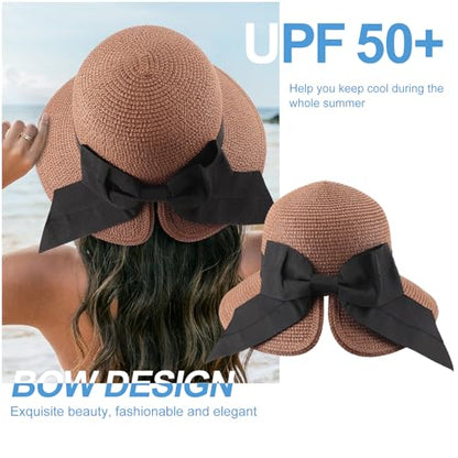 DRESHOW Sun Hats for Women Travel Fedora Foldable Beach Sun Hat Summer Wide Brim Straw Bucket Hat with Bowknot UPF 50+ - color: 1 Pack Bowknot Straw Hat: Brown