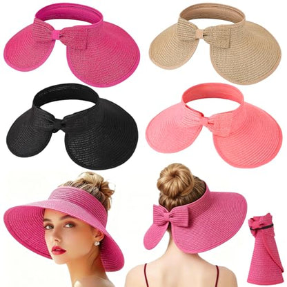 Foldable Straw Sun Visor Hats for Women Wide Brim Beach - color: Hot Pink, Khaki, Black, Pink