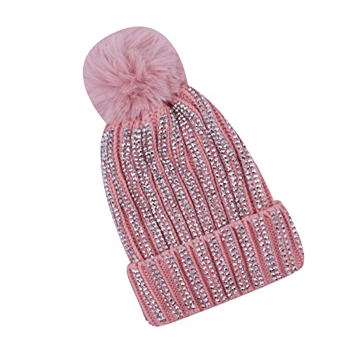 Women Girls Winter Sequin Beanie Hat with Faux Fur Pom Pom Knit Skull Cap - color: Shiny-pink