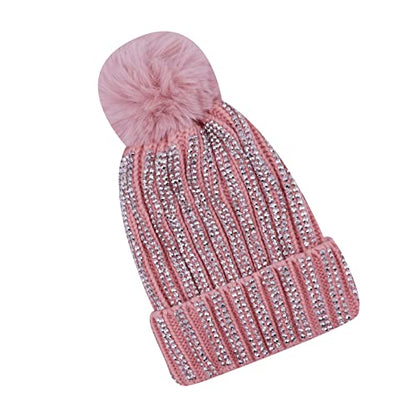 Women Girls Winter Sequin Beanie Hat with Faux Fur Pom Pom Knit Skull Cap - color: Shiny-pink