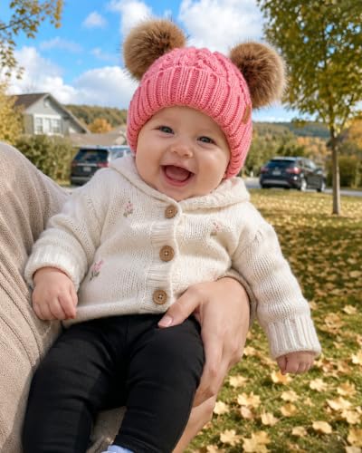 FURTALK Toddler Winter Hat Knit Beanie Double Faux Fur Pompoms Girls Boys - color: Deep Pink, size: 6-24 Months