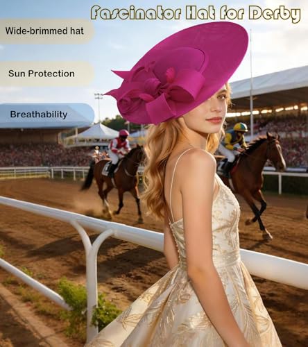 Kgromfy Fascinator Hat Women Wide Brim Tea Party Headband Elegant Church Hat Large Lady Headwear for Derby Wedding Cocktail - color: Rose Red
