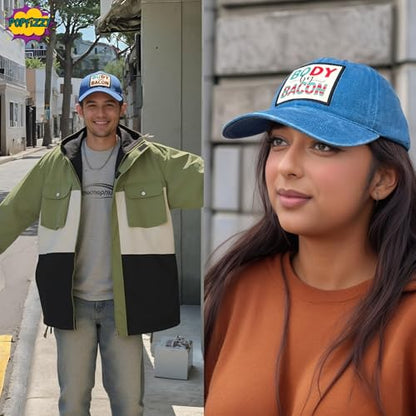 Popfizzy Funny Hats for Men and Women, Fun Adult Baseball Cap, Funny Birthday Gifts for Women and Men, Cool Dad Hat Gift Idea - color: Body By Bacon (Blue)