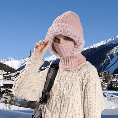 HUAMULAN Women Winter Knit Beanie Hats One Piece Fleece Lined Balaclavas - color: Pink + Faux Fur