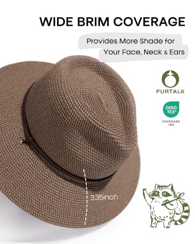 FURTALK Sun Hat Panama Fedora Straw Beach Hat with Wind Lanyard UPF - color: Coffee Brown, size: Large-X-Large