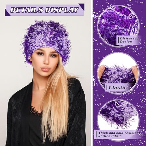 Chuarry Distressed Knitted Beanie Fuzzy Winter Hat - color: Assorted Purple White