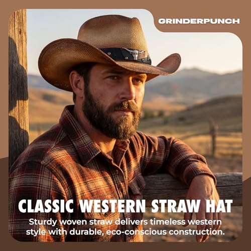 grinderPUNCH Straw Cowboy Hat for Men Women Western Cowgirl Outback Sun Hat - color: Classic Brown