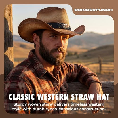 grinderPUNCH Straw Cowboy Hat for Men Women Western Cowgirl Outback Sun Hat - color: Classic Brown