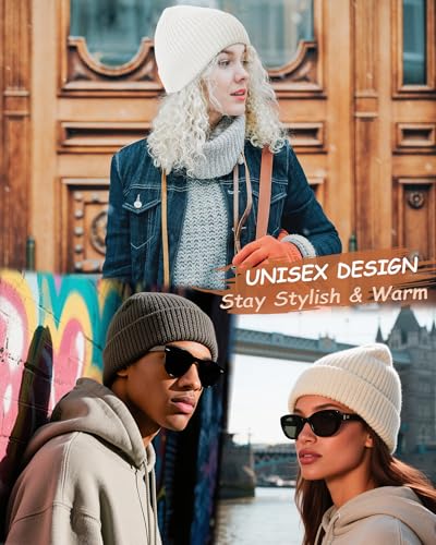 Wool Beanie for Men Women, Seamless Knit Cuffed Warm Winter Hats - color: 1pcs-white