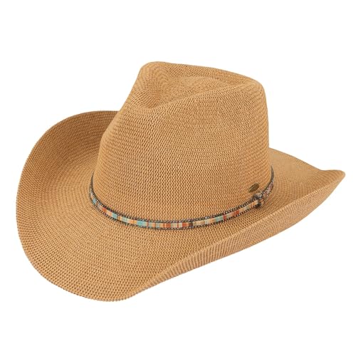 C.C Knitted Cowboy Hat for Women Lightweight Woven Western Hat with Multicolor Trim Band, Wide Brim Summer Sun Hat - color: Dk. Natural