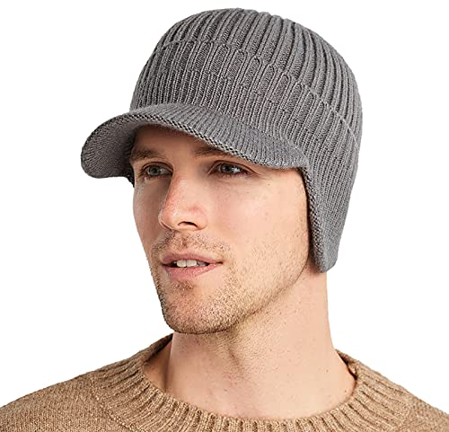 Men Earflap Beanie Knitted Lined Skullies Baseball Cap Windproof Neck Warmer - color: Grey