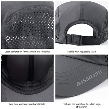BASSDASH UPF 50+ Fishing Hat, Baseball Cap with Removable Neck Flap - color: Dark Grey With Unfoldable Brim