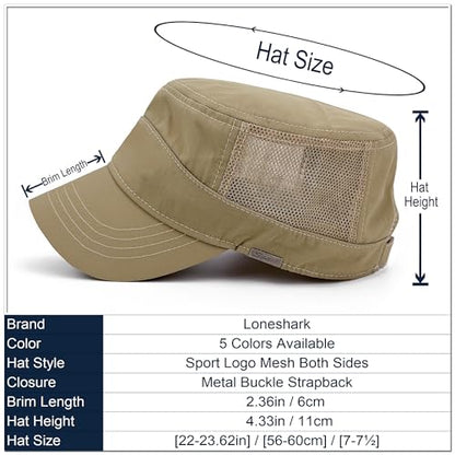 Loneshark Water Resistant Military Hat Quick Dry Cadet Cap Army Flat Top - color: Sport-logo-w-mesh-khaki