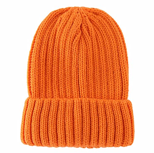 Connectyle Women's Rib Knit Cuffed Beanie Hat Stretch Acrylic Winter Hat Thick Warm Snow Ski Cap - color: Orange