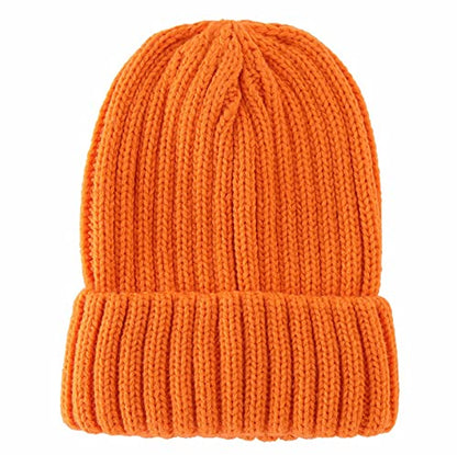 Connectyle Women's Rib Knit Cuffed Beanie Hat Stretch Acrylic Winter Hat Thick Warm Snow Ski Cap - color: Orange