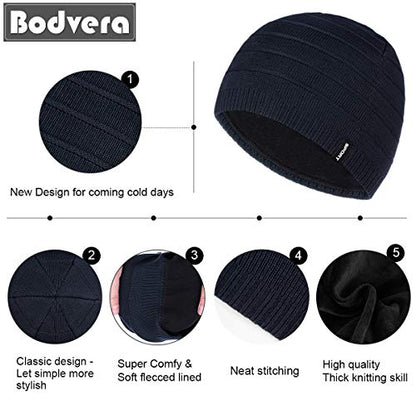 Mens Winter Beanie Hat Warm Knit Cuffed Plain Toboggan Ski Skull Cap (3 Patterns) - color: Navy1