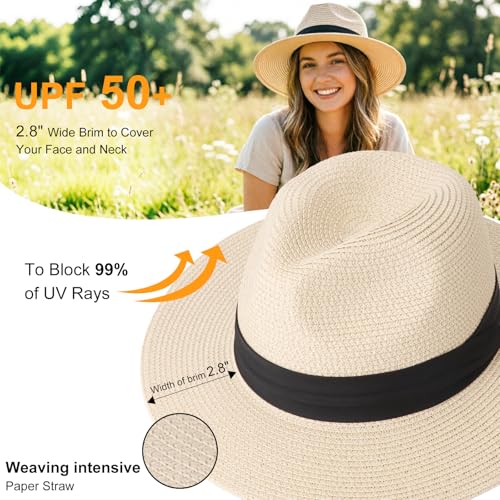 DRESHOW Women Straw Panama Hat Travel Fedora Beach Sun Hat Summer Wide Brim Straw Roll up Hats UPF 50+ - color: Fedora Beige