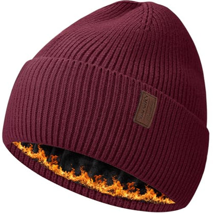 Fleece Lined Winter Beanie for Men Women Warm Windproof Beanies Hats Thick Knit Winter Hat for Cold Weather - color: Wine Red