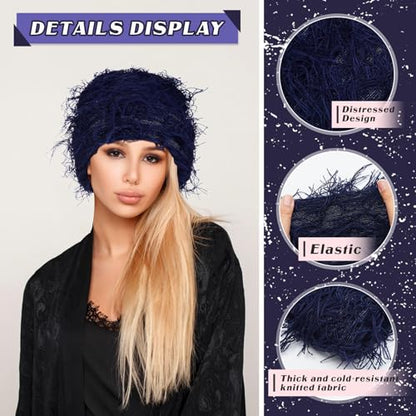 Chuarry Distressed Knitted Beanie Fuzzy Winter Hat - color: Navy