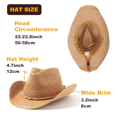 DRESHOW Straw Cowboy Cowgirl Hat for Women Men Western Coastal Cowboy Beach Hat with Shapeable Brim Unisex Rolled up Caps - color: 1 Pack Straw Woven Hat: Khaki