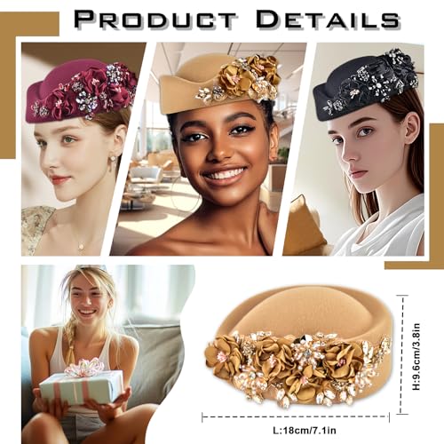 Women's Retro Stewardess Felt Hat, British Berets, Rhinestone Flower Decor, Ladies' Church Derby Hat - color: Yellow