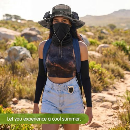 Syhood Solar Powered Fan Hat Neck Gaiter Arm Sleeves Sun Bucket Hat with Fan Cooling Wide Brim Hats for Fishing Hiking - color: Khaki Ink Painting, style: Breathable
